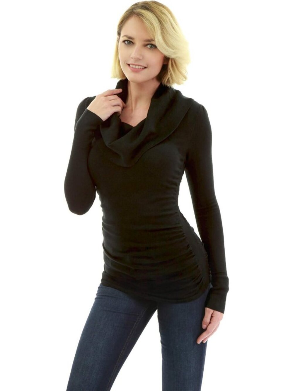 Casual Slim Fit Cowl Neck Long Sleeve Ruched Pullover Tunic Sweater for Women
